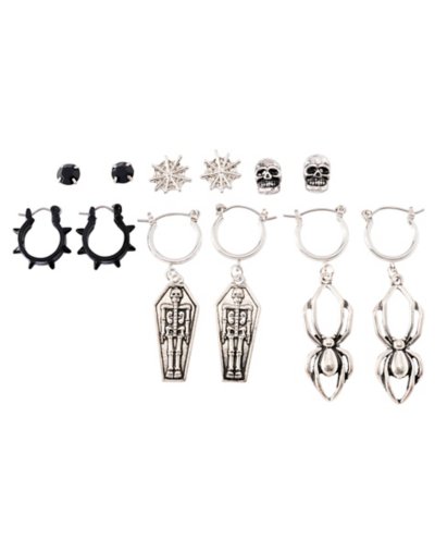 Multi-Pack Black and Silvertone Coffins Spiders and Skulls Earrings -