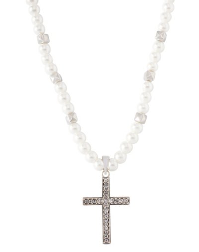 CZ and Pearl-Effect Cross Necklace