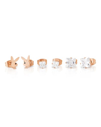 Multi-Pack Rose Goldtone Playboy Bunny and CZ Stud Earrings 3 Pair - 2