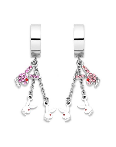 CZ Triple Playboy Bunny Hoop Huggie Dangle Earrings - 18 Gauge