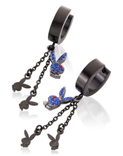 Blue CZ Triple Playboy Bunny Chain Dangle Huggie Hoop Earrings