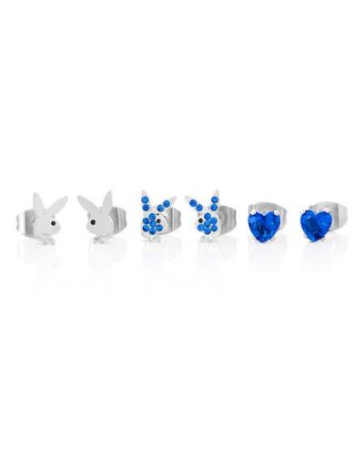 Multi-Pack CZ Blue Playboy Bunny Heart Stud Earrings 3 Pack - 20 Gauge