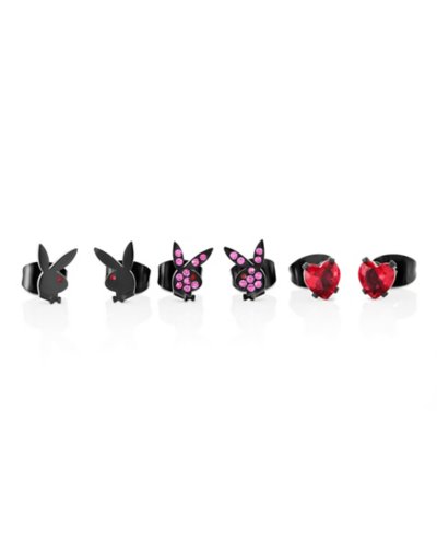 Multi-Pack CZ Red Playboy Bunny Heart Stud Earrings 3 Pack - 20 Gauge