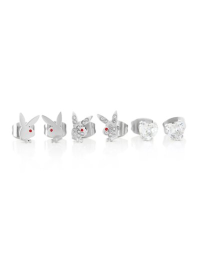 Multi-Pack CZ Silverplated Playboy Bunny Heart Stud Earrings 3 Pack -