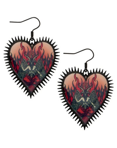 Baphomet Flaming Heart Dangle Earrings - 18 Gauge