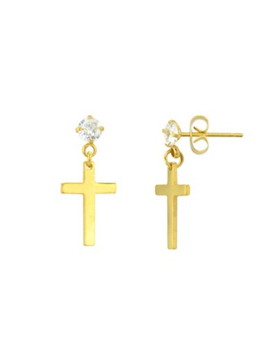 CZ Cross Goldtone Dangle Stud Earrings - 20 Gauge