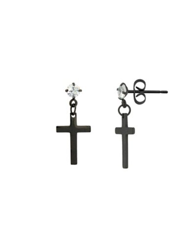 CZ Black Cross Dangle Stud Earrings - 20 Gauge