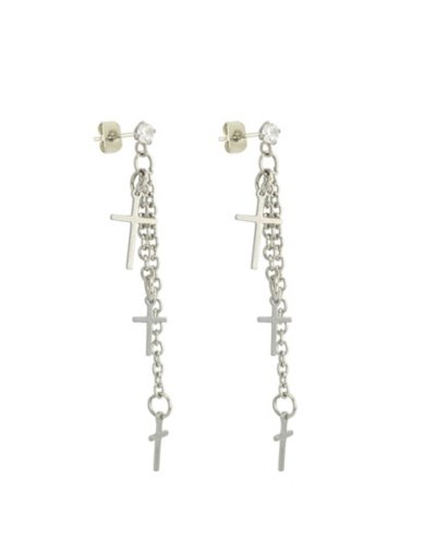 CZ Triple Cross Chain Dangle Stud Earrings - 20 Gauge