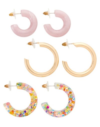 Multi-Pack Glitter Pink and Goldtone Hoop Earrings - 3 Pair