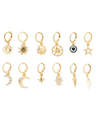 Multi-Pack Sun and Moon Mismatch Hoop Dangle Earrings - 12 Pack