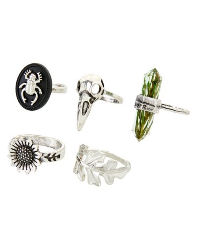 Multi-Pack Beetle Raven and Flower Rings - 5 Pack