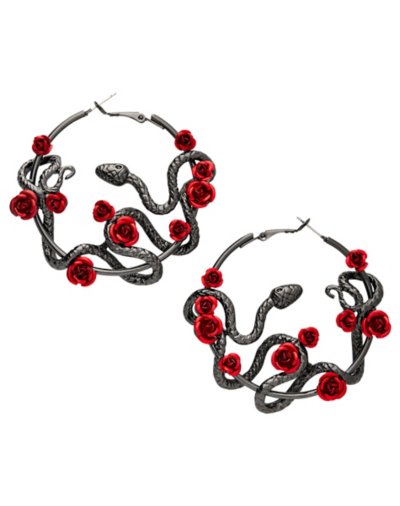 Black Snake and Rose Hoop Earrings