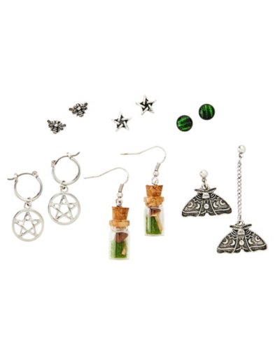 Multi-Pack Pentagram Moth and Jar Stud and Dangle Earrings - 6 Pair