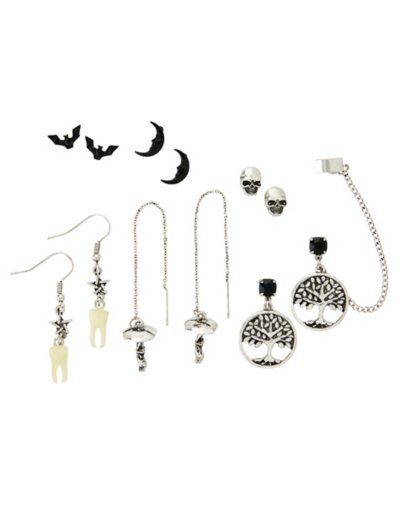 Multi-Pack Black Bat Moon and Skull Earrings - 6 Pair