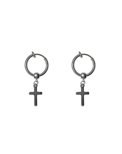 Silvertone Cross Dangle Fake Hoop Earrings