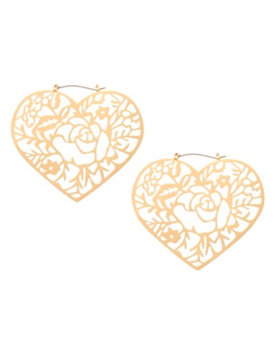 Gold Plated Rose Heart Filigree Hoop Earrings