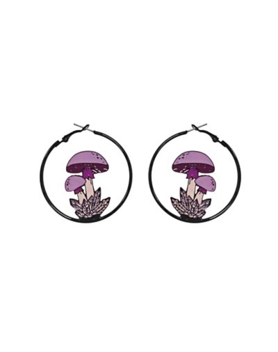 Black and Purple Mushroom Hoop Earrings - 18 Gauge