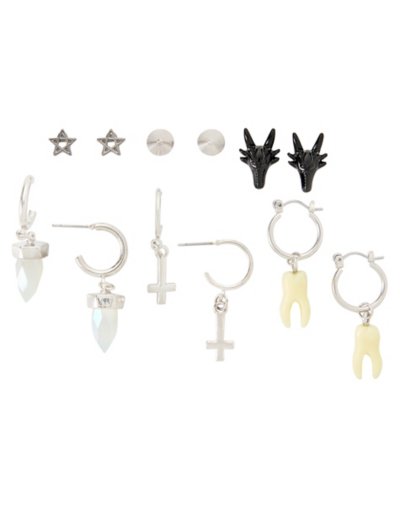 Multi-Pack Crystal Cross Baphomet Teeth Earrings - 6 Pair