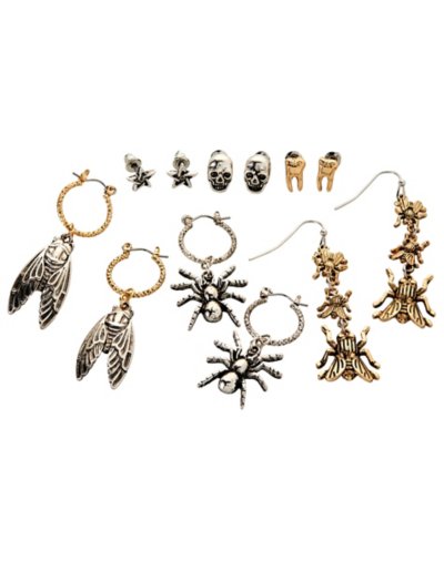 Multi-Pack Goldtone Moth Tooth and Skull Earrings - 6 Pack