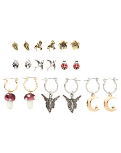 Multi-Pack Ladybug Mushroom and Fairy Earrings - 9 Pair