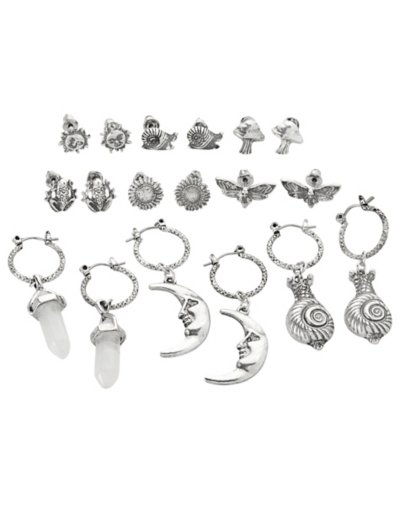 Multi-Pack Silvertone Assorted Moon Crystal Sun Earrings - 9 Pack