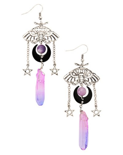 Moth Moon Crystal Pentagram Dangle Earrings