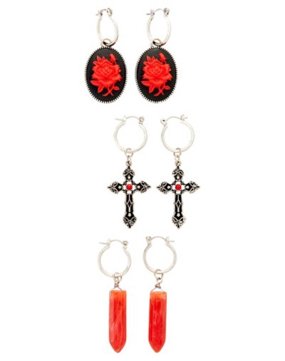 Multi-Pack Black and Red Rose and Cross Hoop Earrings - 3 Pair