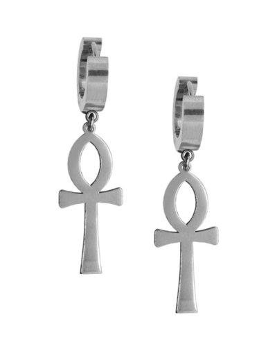 Silvertone Ankh Cross Dangle Huggie Hoop Earrings - 20 Gauge