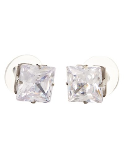 Square CZ Silvertone Stud Earrings - 20 Gauge