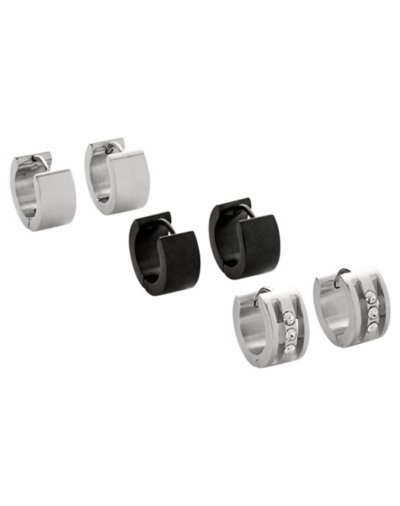 Multi-Pack CZ Silvertone and Black Huggie Hoop Earrings - 3 Pair