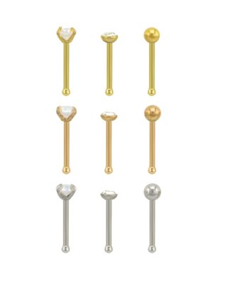 "Multi-Pack CZ Silvertone and Goldtone Nose Pins 9 Pack- 20 Gauge"