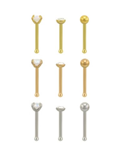 "Multi-Pack CZ Silvertone and Goldtone Nose Pins 9 Pack- 20 Gauge"