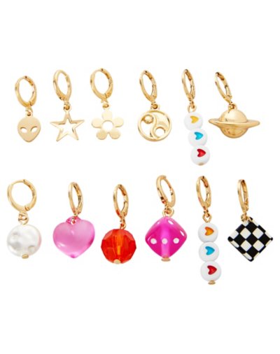 Multi-Pack Mismatched Dice Heart Gem Earrings - 6 Pair