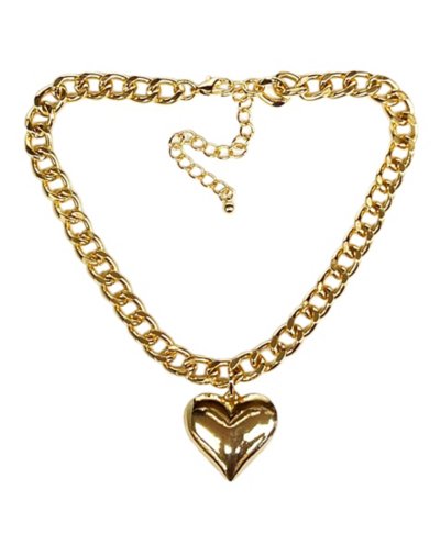 Heart Pendant Goldtone Curb Chain Choker Necklace