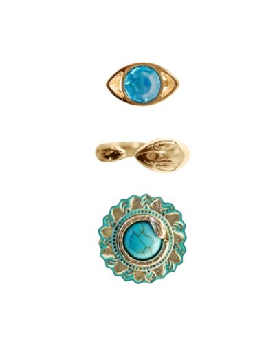 Multi-Pack CZ Teal Flower Snake and Eye Rings - 3 Pack