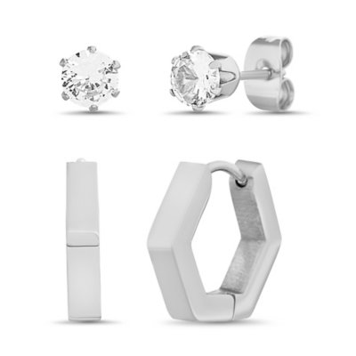 Multi-Pack CZ Silvertone Pentagon Huggie and Stud Earring Set - 18 Gau