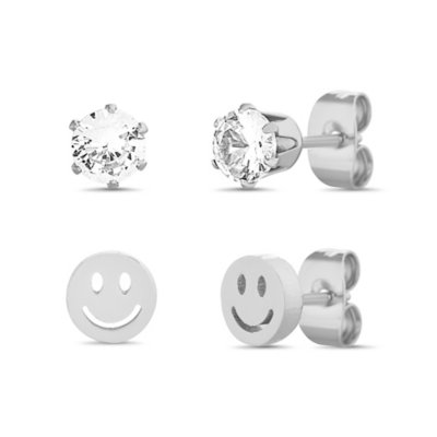 Multi-Pack CZ Silvertone Smiley Stud Set 2 Piece - 20 Gauge