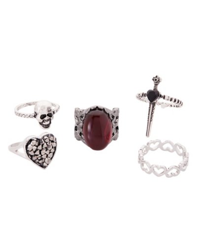 Multi-Pack Heart and Dagger Rings - 5 Pack