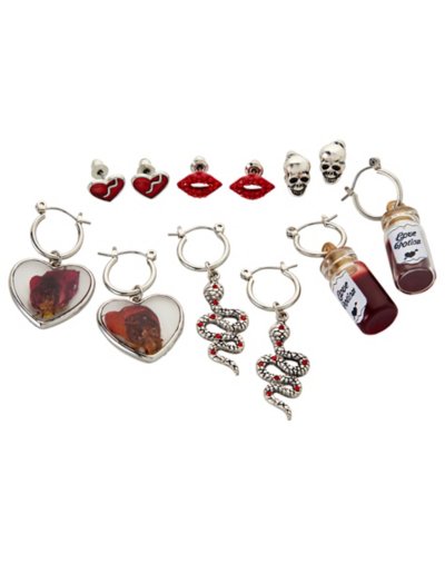 Multi-Pack Heart Skull Snake Potion Flower Earrings - 6 Pair