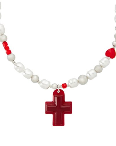 Red Cross and Heart Mismatch Pearl-Effect and Chain Necklace