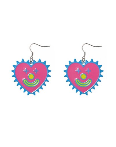 Neon Pink Smiley Clown Heart Dangle Earrings