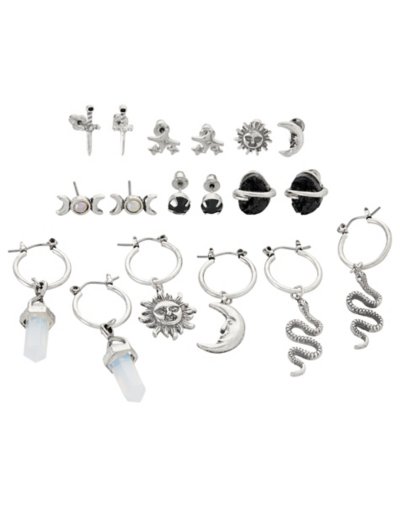 Multi-Pack Crystal Sun Snake Cross Earrings - 9 Pair