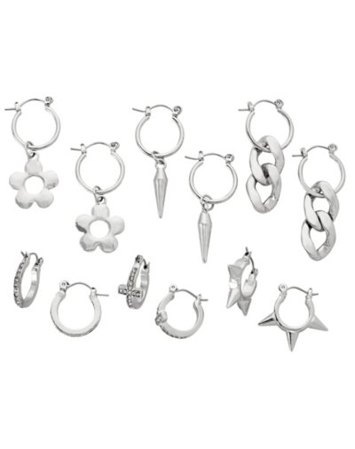 Multi-Pack Silvertone Assorted Flower Spike and Chain Earrings - 6 Pac