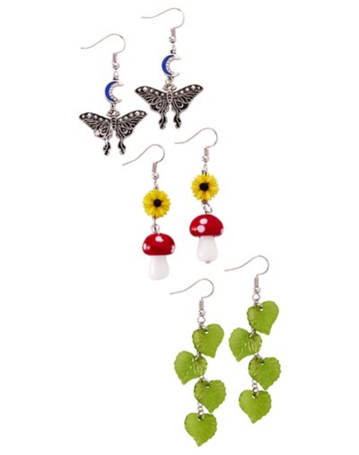 Multi-Pack Cottagecore Mushroom Leaves Dangle Earrings - 3 Pack