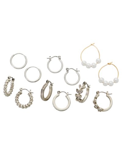 Multi-Pack CZ Silvertone Assorted Hoop Earrings - 6 Pack