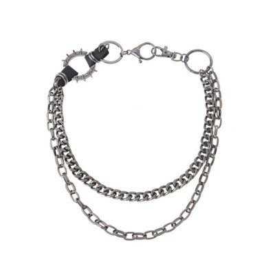 Black Silvertone Spiked Chain Linked 2 Row Necklace