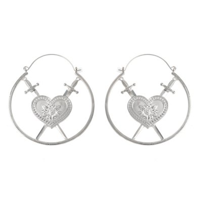 Silvertone Double Shield Heart Hoop Dangle Earrings