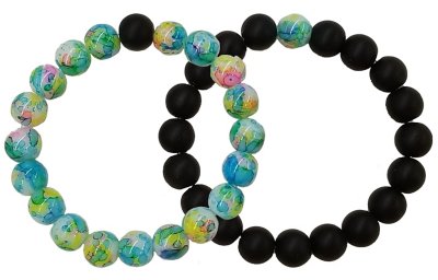 Green Splatter and Black Long Distance Beaded Bracelets - 2 Pack