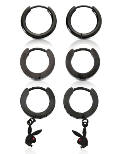 Black CZ Playboy Bunny Dangle Hoop Huggie Earrings - 3 Pack