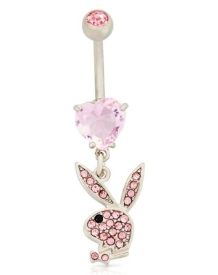 "CZ Pink Playboy Bunny Heart Dangle Belly Ring - 14 Gauge"